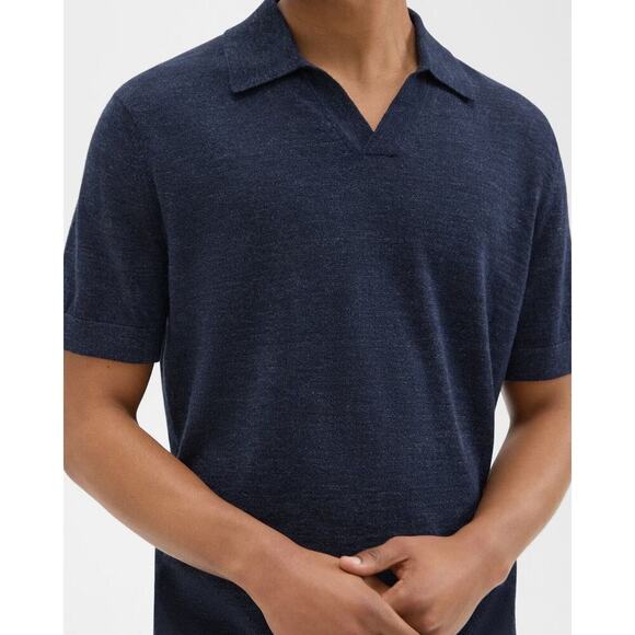 Theory Navy Blue Brenan Polo Shirt in Pacific Linen Cotton Blend Size XL Knit - Picture 6 of 7